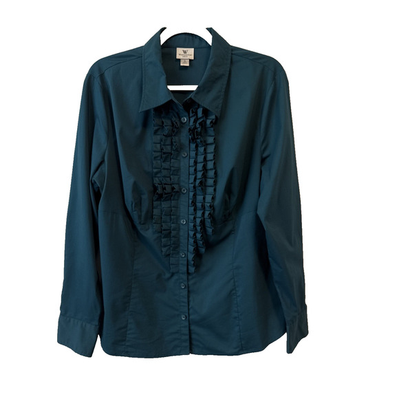Worthington Stretch Women’s XL Whimsigoth Ruffle Button Up Blouse Teal Blue Boho - Picture 1 of 10